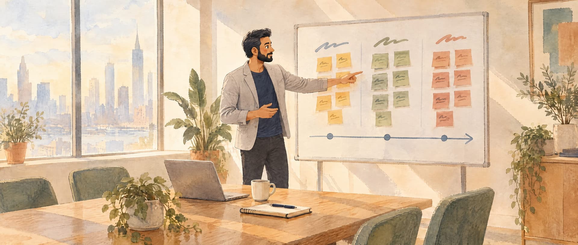 Illustration of Tushar in a sunlit meeting room pointing at a whiteboard of sticky notes in three columns above a timeline arrow — a laptop, a mug and a notebook on the long wooden table, plants, and a city skyline through tall windows.