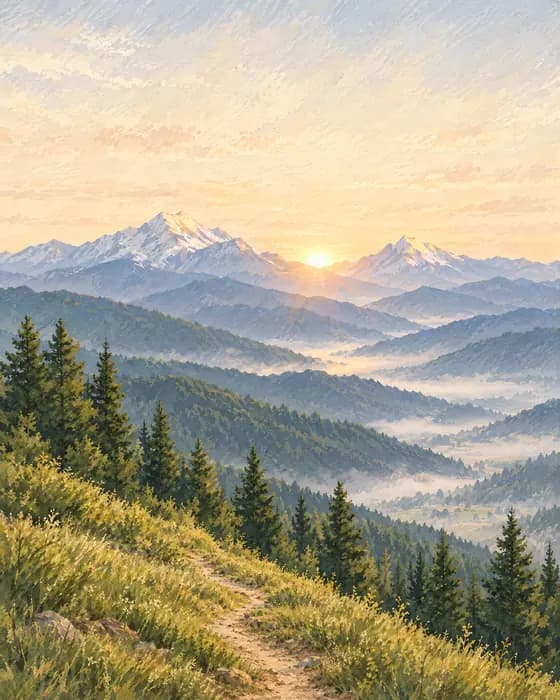 Illustration of a watercolour sunrise over snow-capped mountains, misty pine valleys and a hillside path.