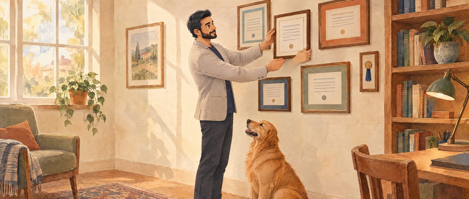 Illustration of Tushar in a warm home study hanging a framed certificate on a wall of framed certificates and a ribbon medal, his golden retriever sitting and looking up at him — an armchair by the window, a bookshelf and a desk lamp.