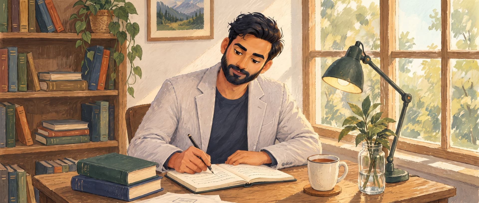 Illustration of Tushar writing in an open notebook at a wooden desk by a window — a green lamp, a cup of tea, stacked books, a plant, and a sketched flow diagram on loose paper.