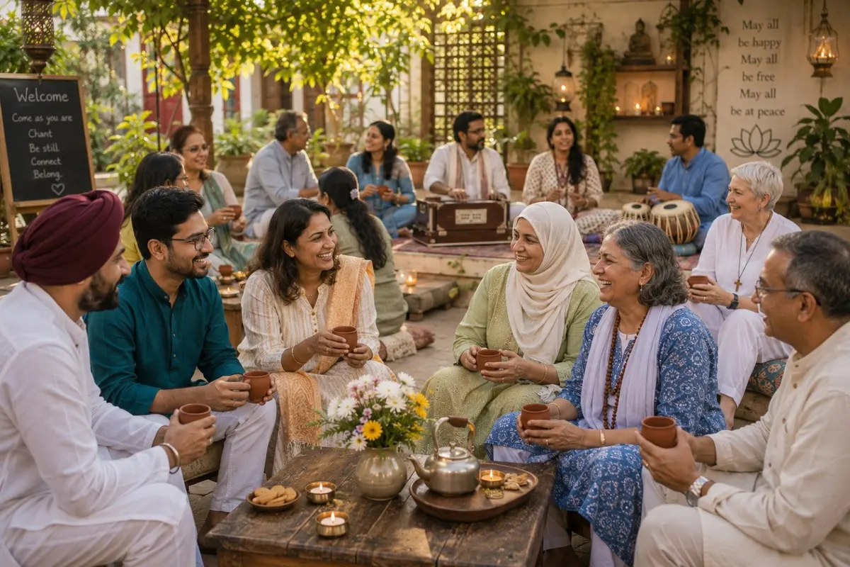 Prototype imagery from Bhakti Vilas: elders and their families sharing tea in a leafy courtyard, with a harmonium and small lamps.