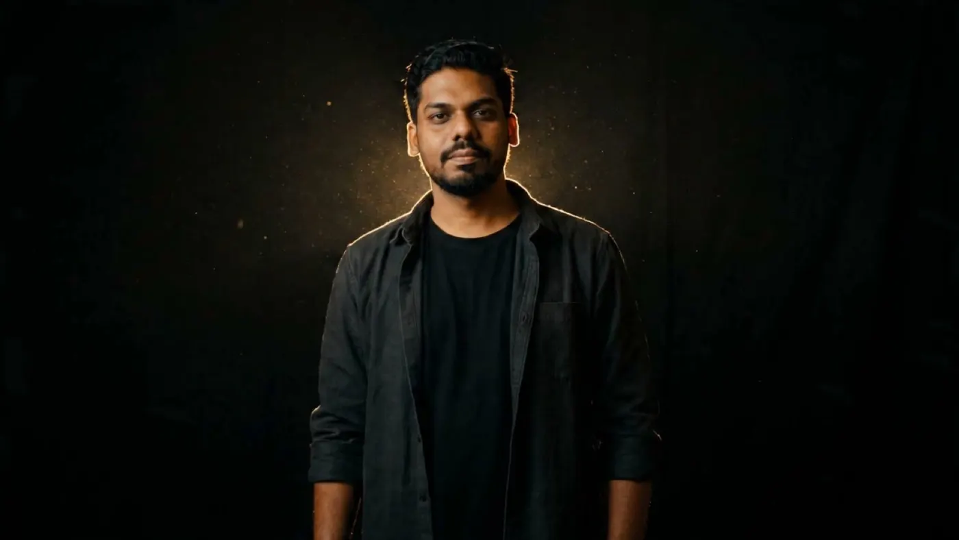 The scroll film's opening frame: Tushar standing in warm light against a dark background.