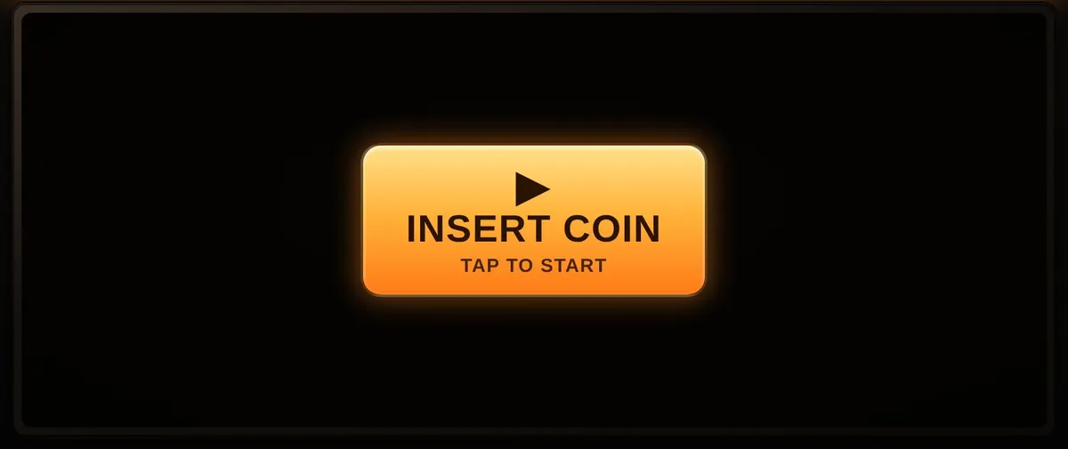 Dino Arcade running on a phone held landscape: a dark recessed cabinet bezel with one glowing orange “Insert Coin — Tap to start” button.
