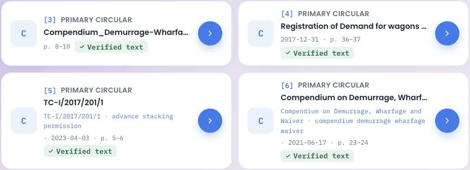 RailCite's Sources panel: numbered primary-circular cards with circular numbers, dates and page ranges, each marked “Verified text”.