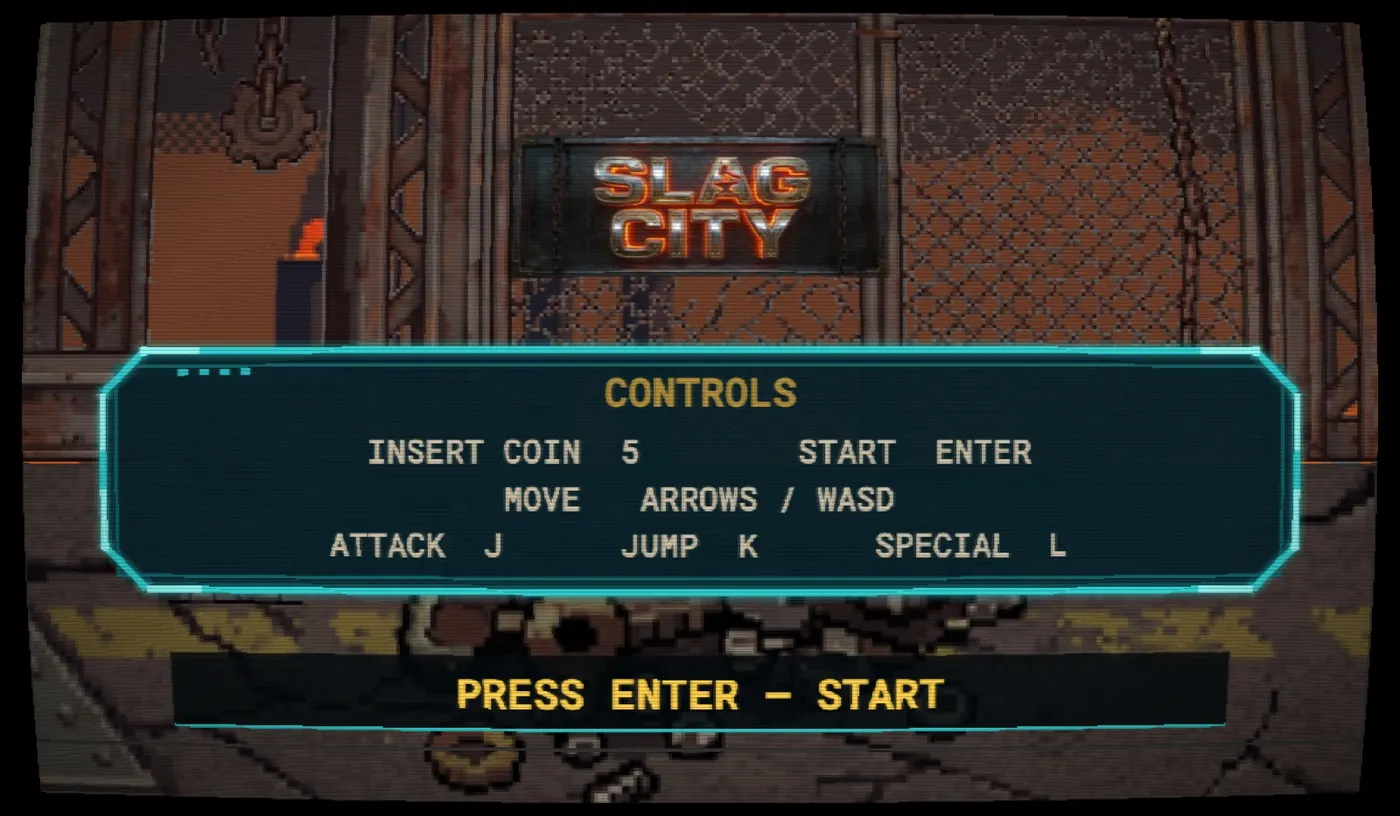 Slag City's cabinet screen: the SLAG CITY marquee over a controls panel and “Press Enter — Start”, on a rusted industrial backdrop.