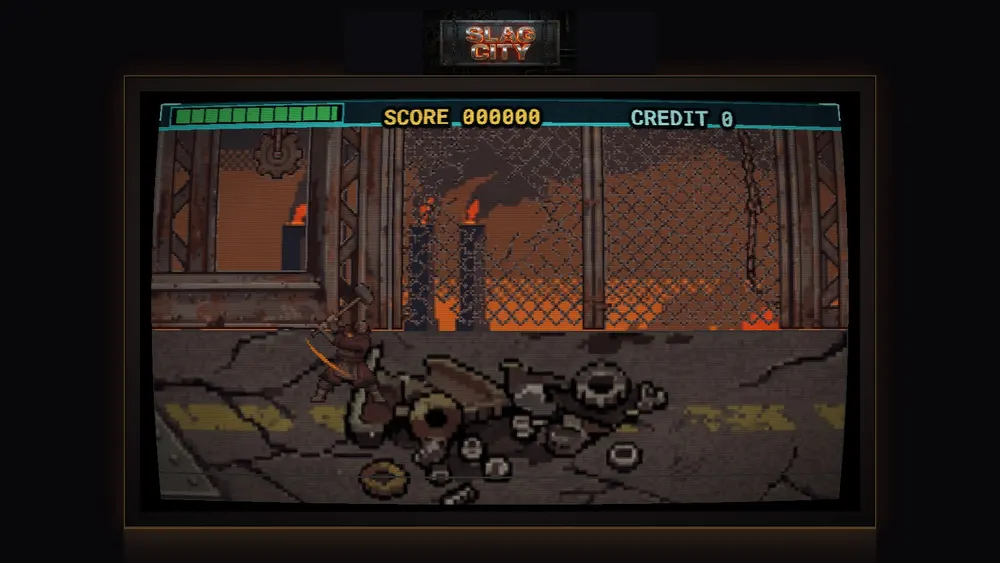 Slag City gameplay in the desktop cabinet: a fighter on a scrap-strewn factory floor with the score and credit HUD above.
