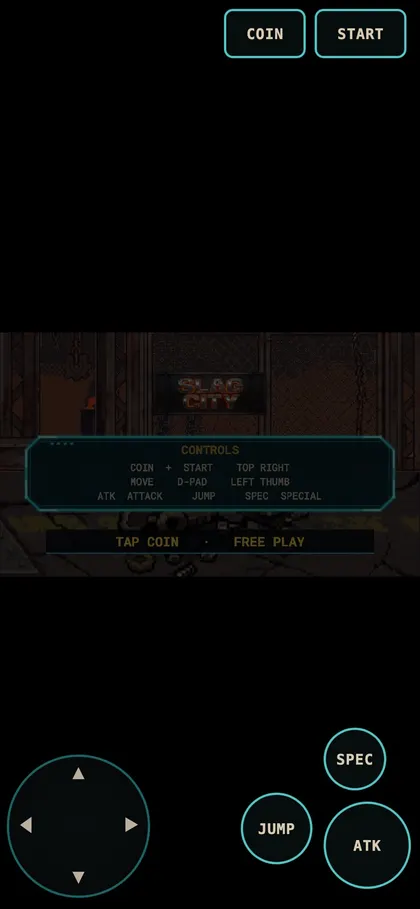 Slag City on a phone in portrait: the game above an on-screen d-pad and jump, attack and special buttons.