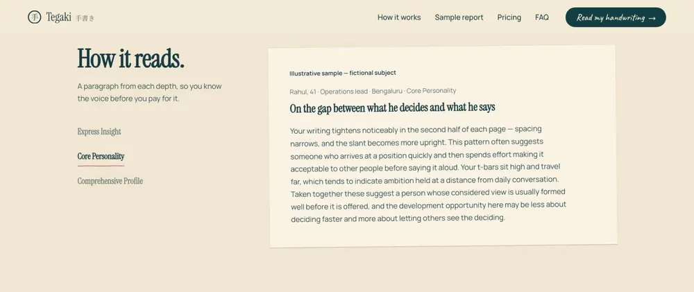 Tegaki “How it reads.” page with an excerpt from an illustrative sample report for a fictional subject.