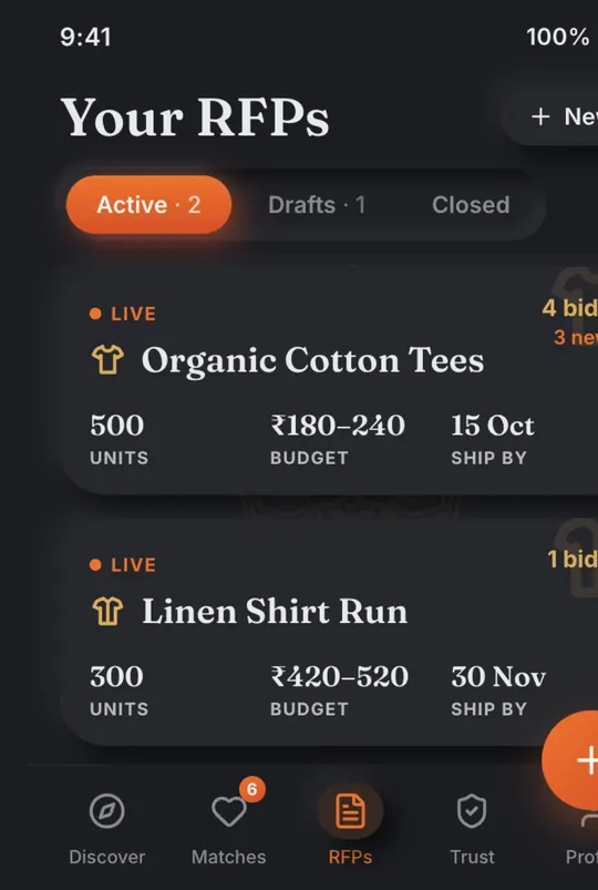 Velora “Your RFPs” screen listing two live mock requests, Organic Cotton Tees and Linen Shirt Run, with units, budget and ship-by dates.